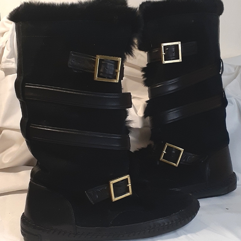 Tory Burch Tall Suede with Rabbit Fur Lined Boots with Leather Buckle Strap.